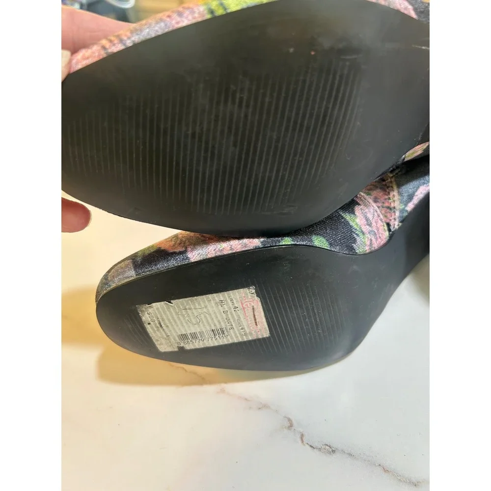 Floral Velvet Block Heel Ankle Boots Pink Green Black Round Toe Side Zip 8.5